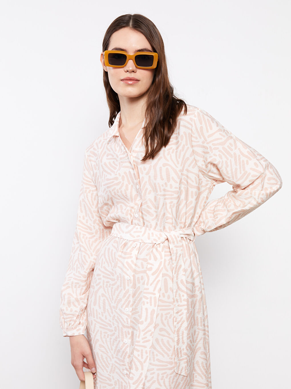 Ekru Desenli Uzun Kollu Kadın Gömlek Elbise-2