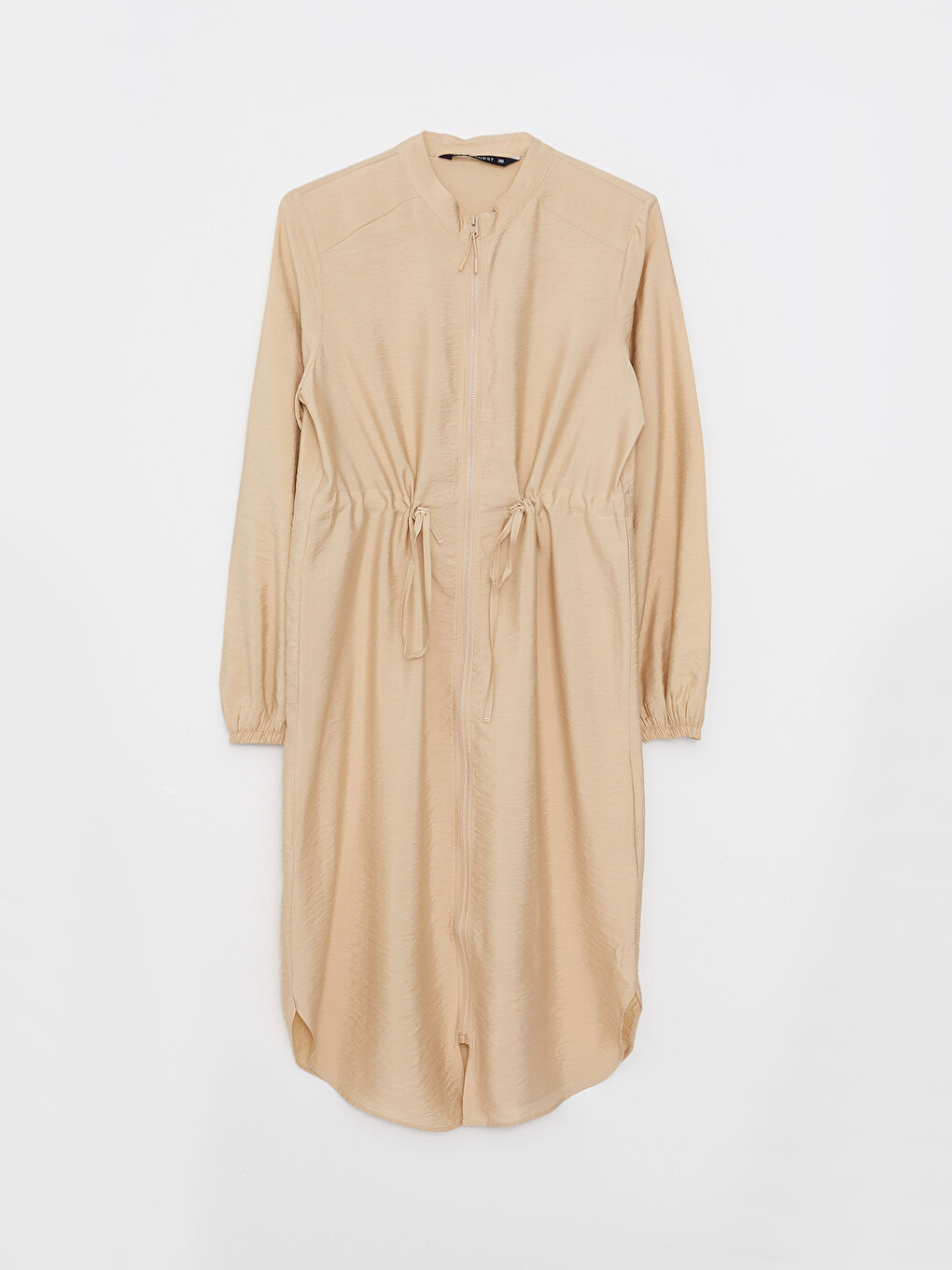 Bej Dik Yaka Düz Uzun Kollu Kadın Tunik-5