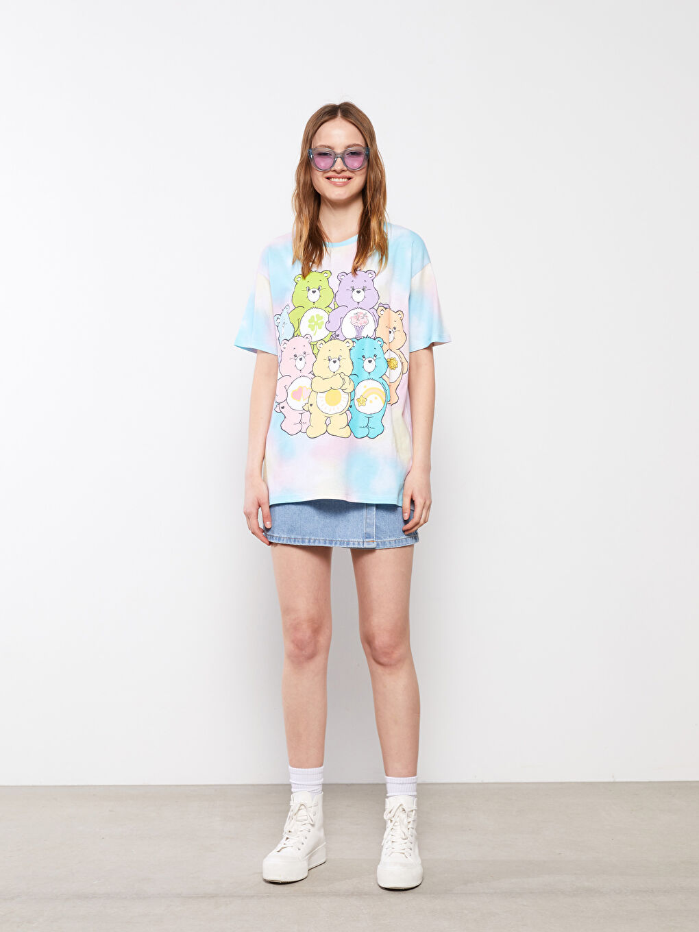 T-shirt en Coton à Manches Courtes Imprimé Care Bears à Col Rond pour Femmes