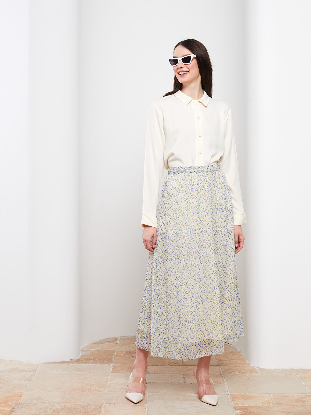 Elastic Waist Patterned Chiffon Women's Ruffle Skirt-1