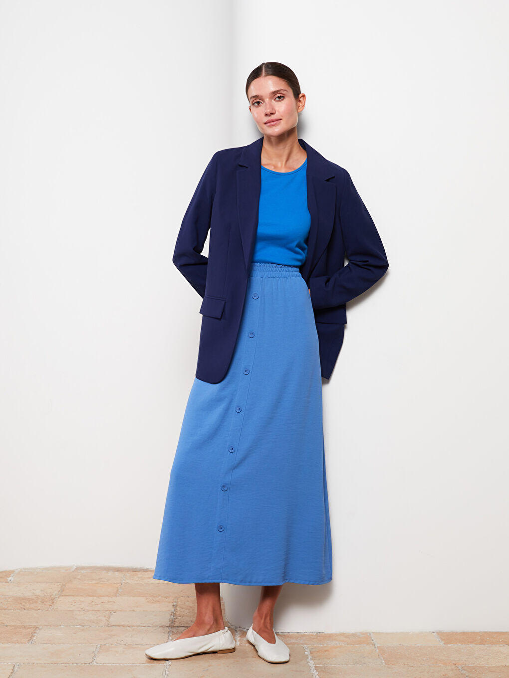 Mavi Kadın Beli Lastikli Düz Volanlı Etek