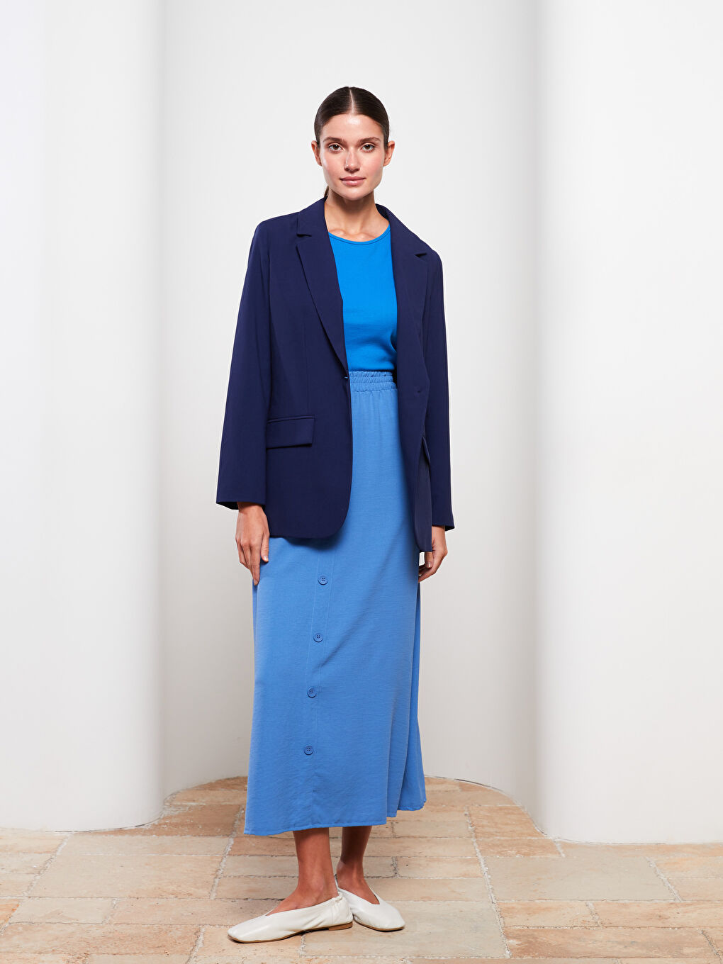 Mavi Kadın Beli Lastikli Düz Volanlı Etek-1