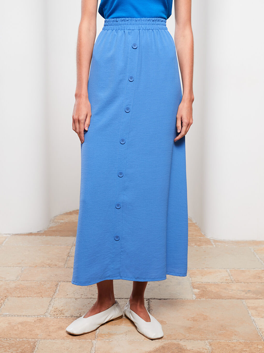 Mavi Kadın Beli Lastikli Düz Volanlı Etek-3