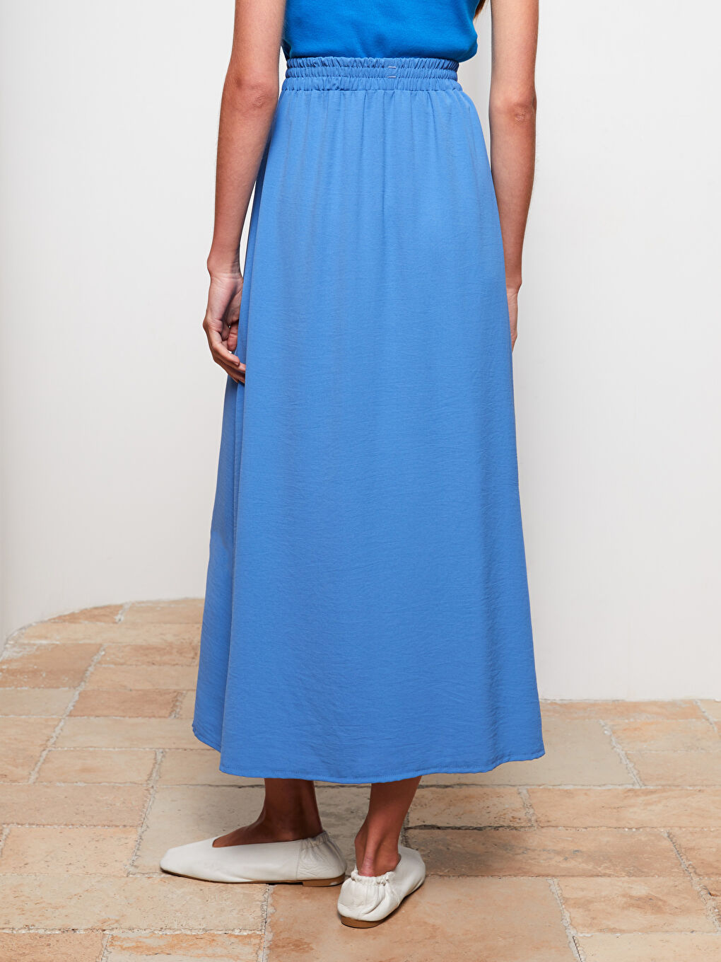 Mavi Kadın Beli Lastikli Düz Volanlı Etek-4