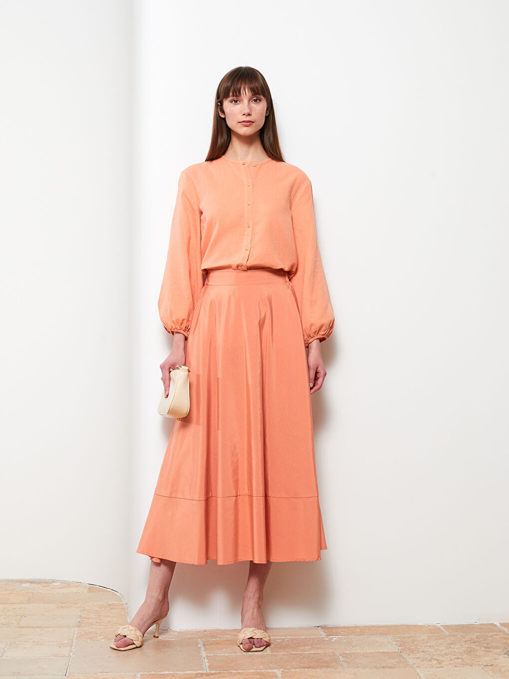 Pembe Beli Lastikli Düz Poplin Kadın Volanlı Etek