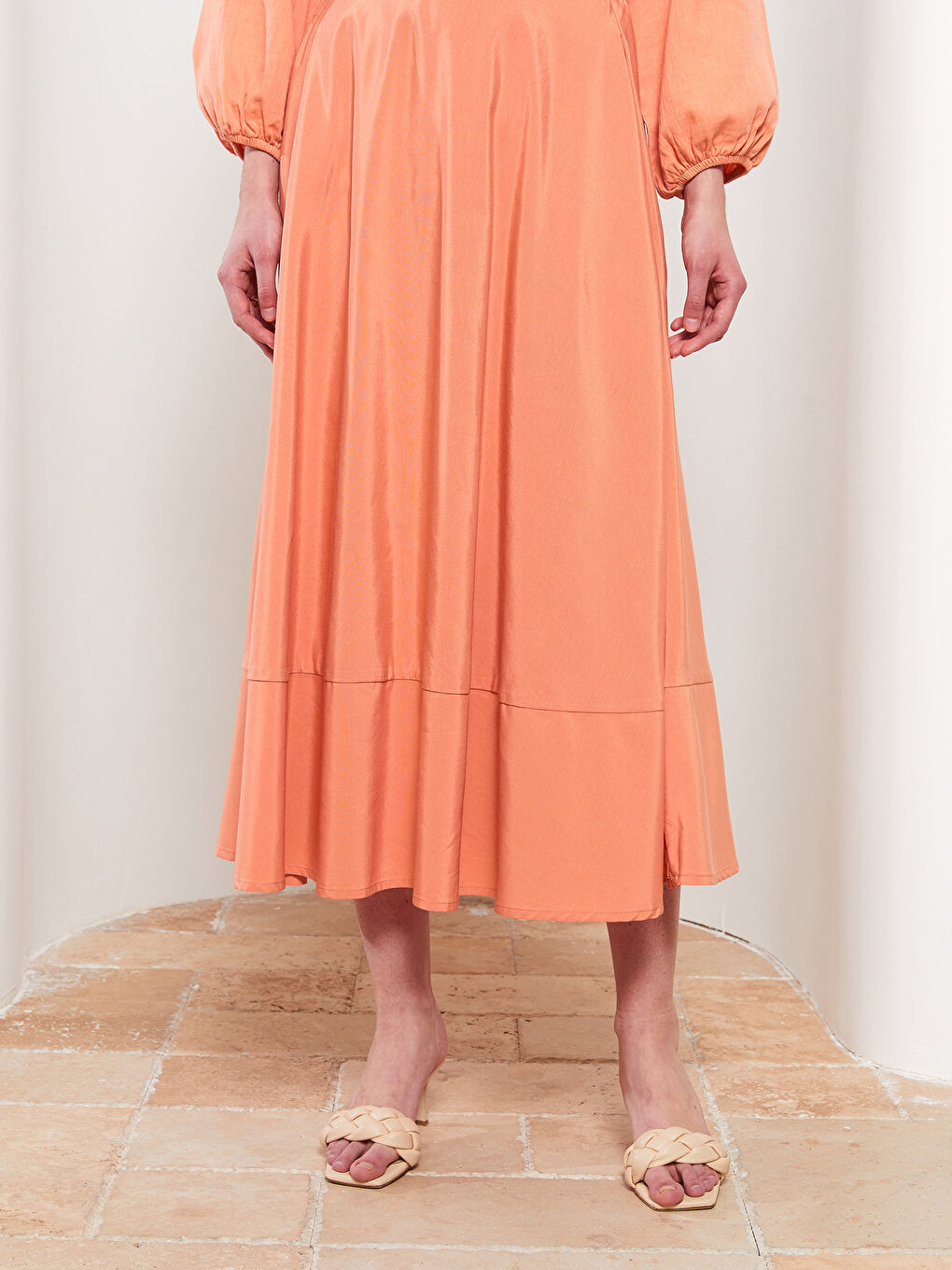 Pembe Beli Lastikli Düz Poplin Kadın Volanlı Etek-2