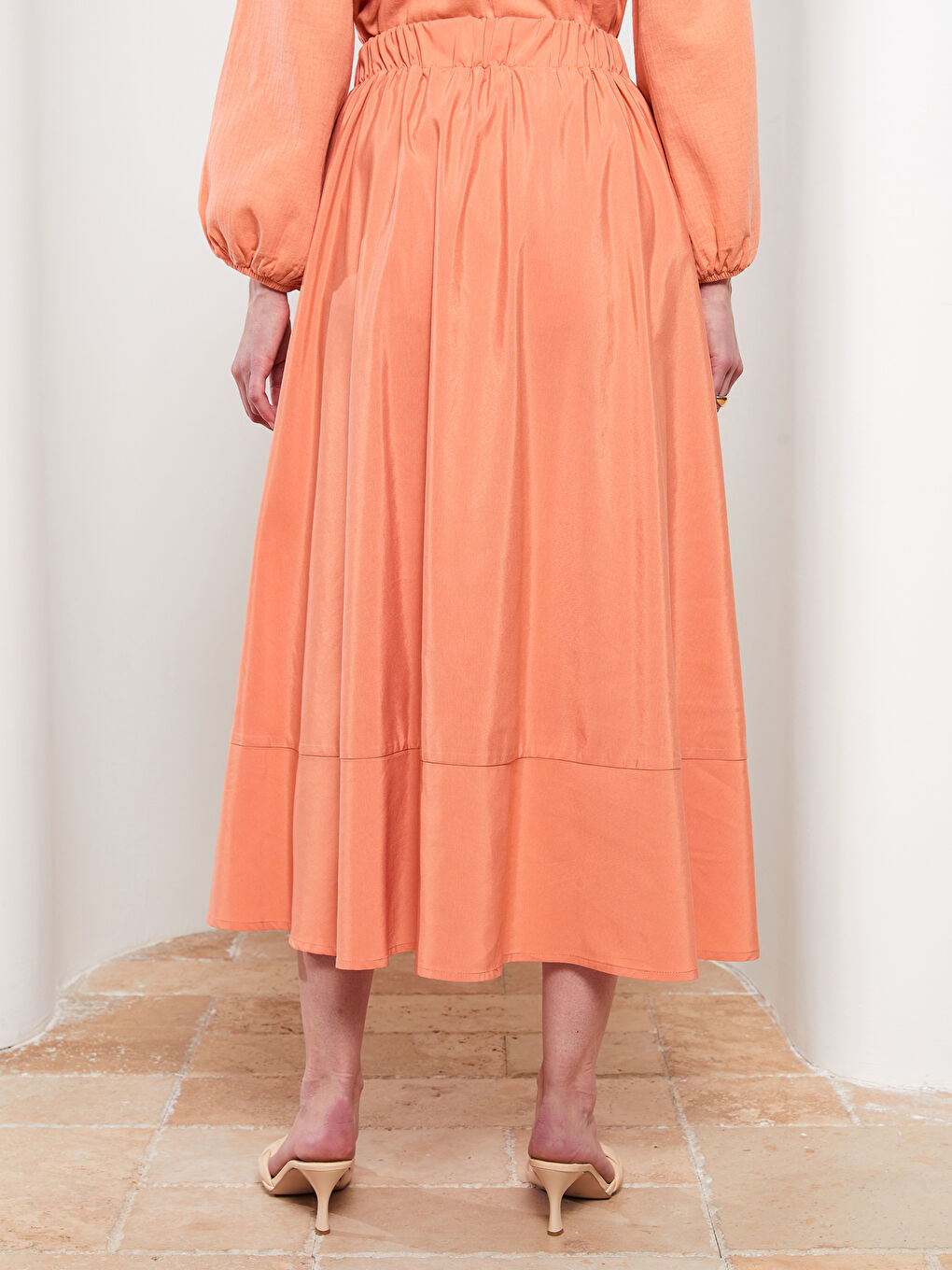 Pembe Beli Lastikli Düz Poplin Kadın Volanlı Etek-3