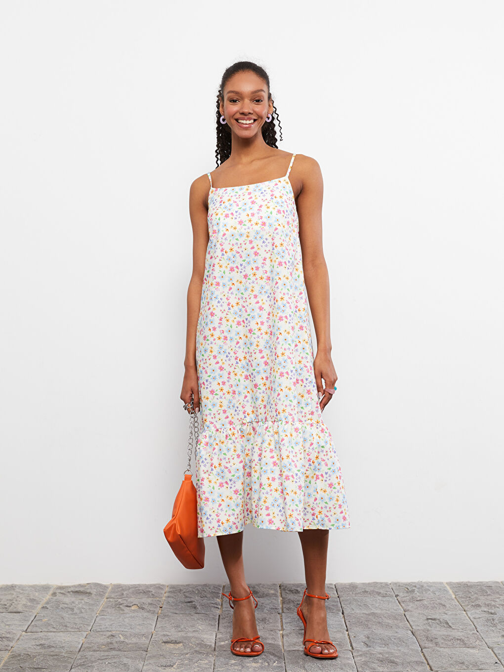 Ekru Kare Yaka Askılı Çiçekli Pamuklu Kadın Elbise Anne Kız Kombini-2