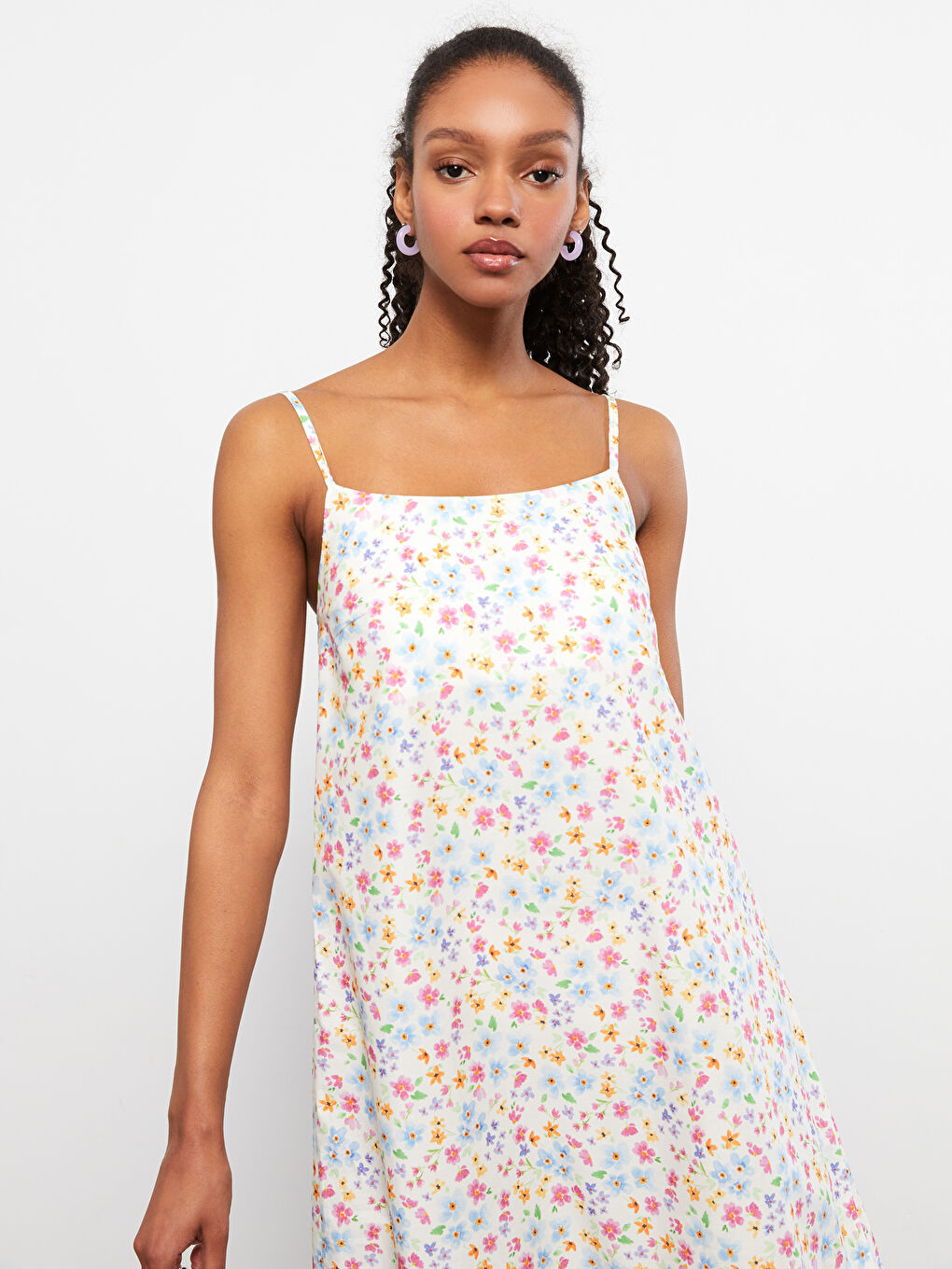 Ekru Kare Yaka Askılı Çiçekli Pamuklu Kadın Elbise Anne Kız Kombini-3