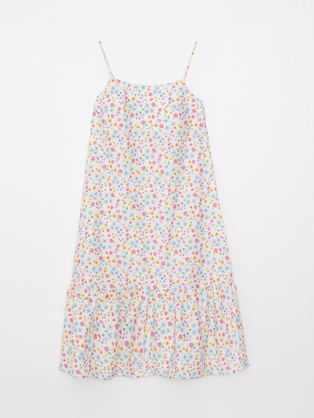 Ekru Kare Yaka Askılı Çiçekli Pamuklu Kadın Elbise Anne Kız Kombini-6