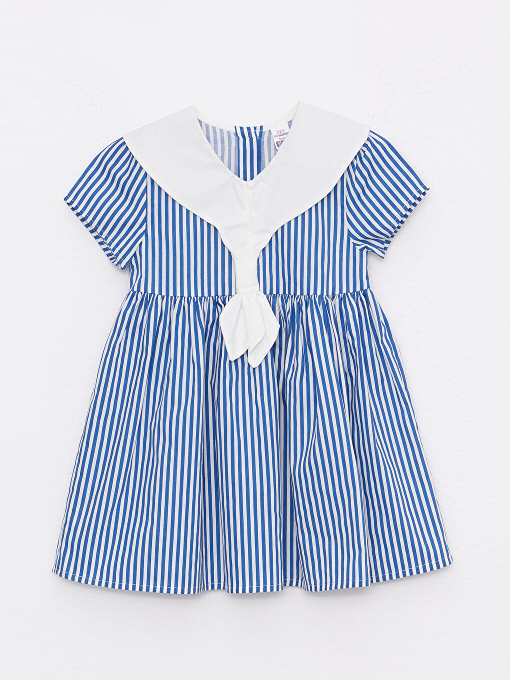 Mavi V Yaka Kısa Kollu Çizgili Pamuklu Kız Bebek Elbise
