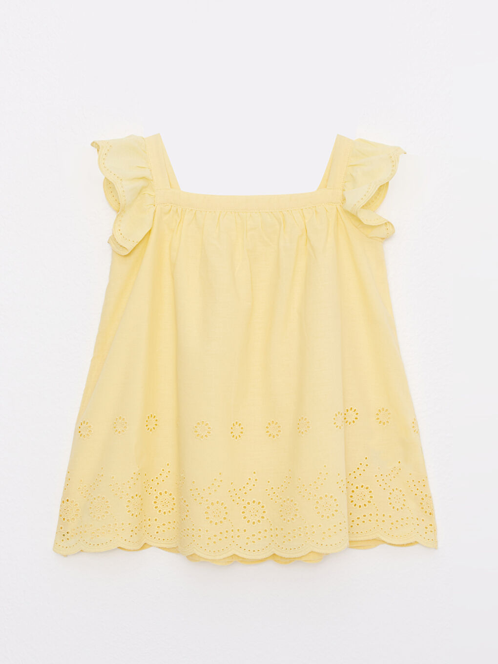 Sarı Kare Yaka Kendinden Desenli Kız Bebek Elbise