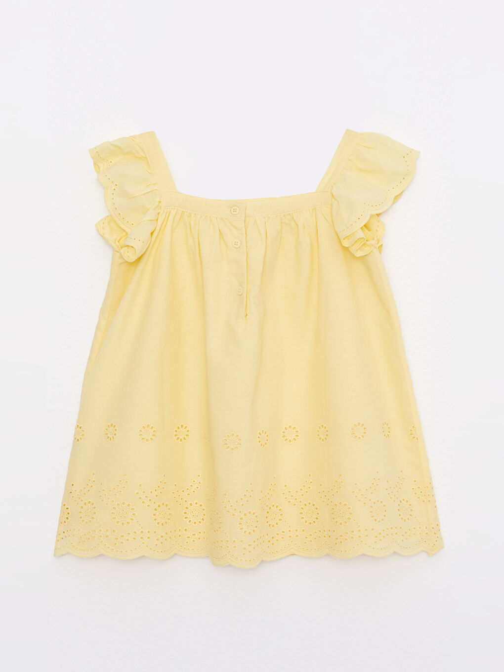 Sarı Kare Yaka Kendinden Desenli Kız Bebek Elbise-1