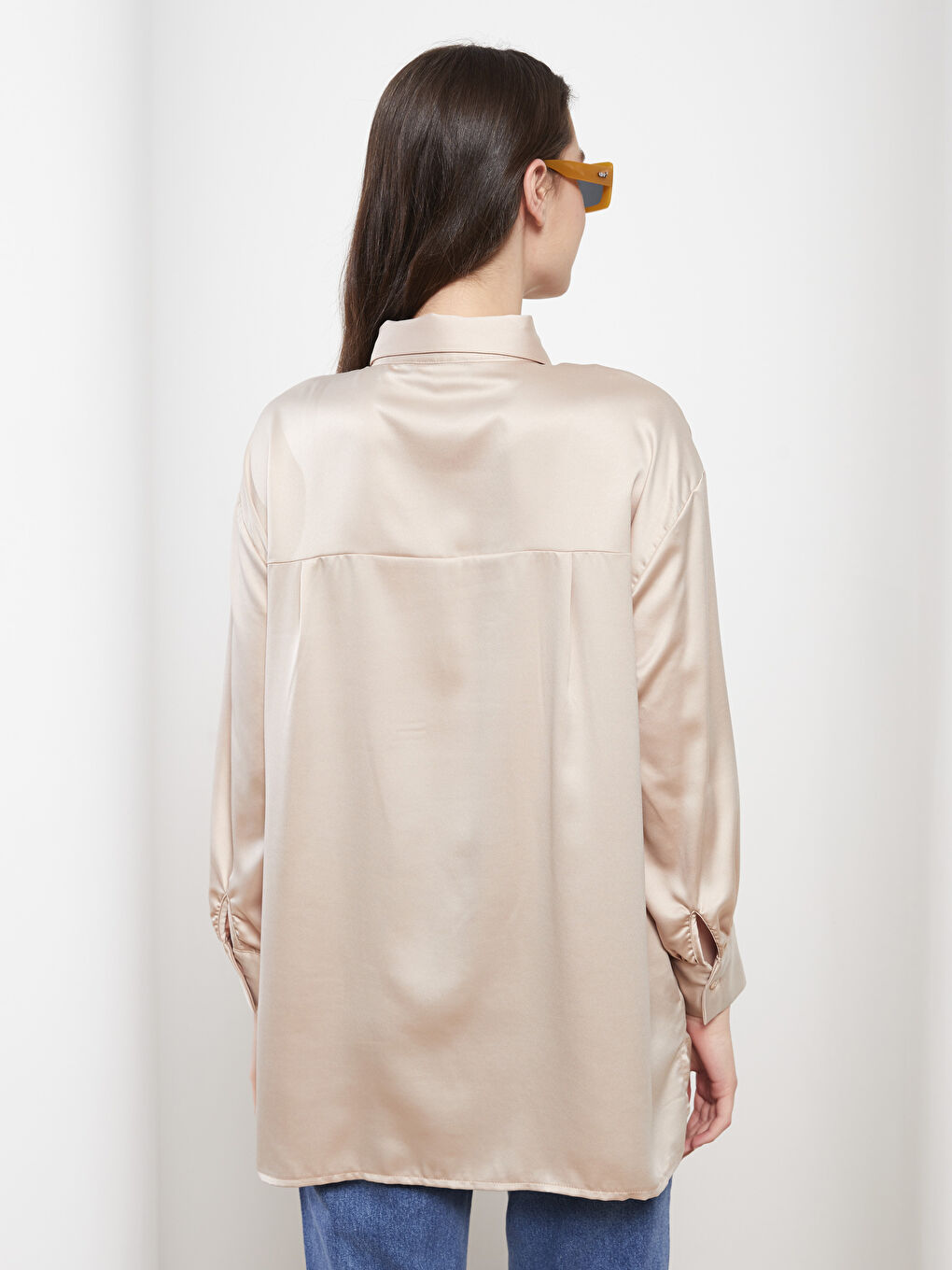 Bej Düz Uzun Kollu Saten Kadın Gömlek Tunik-4