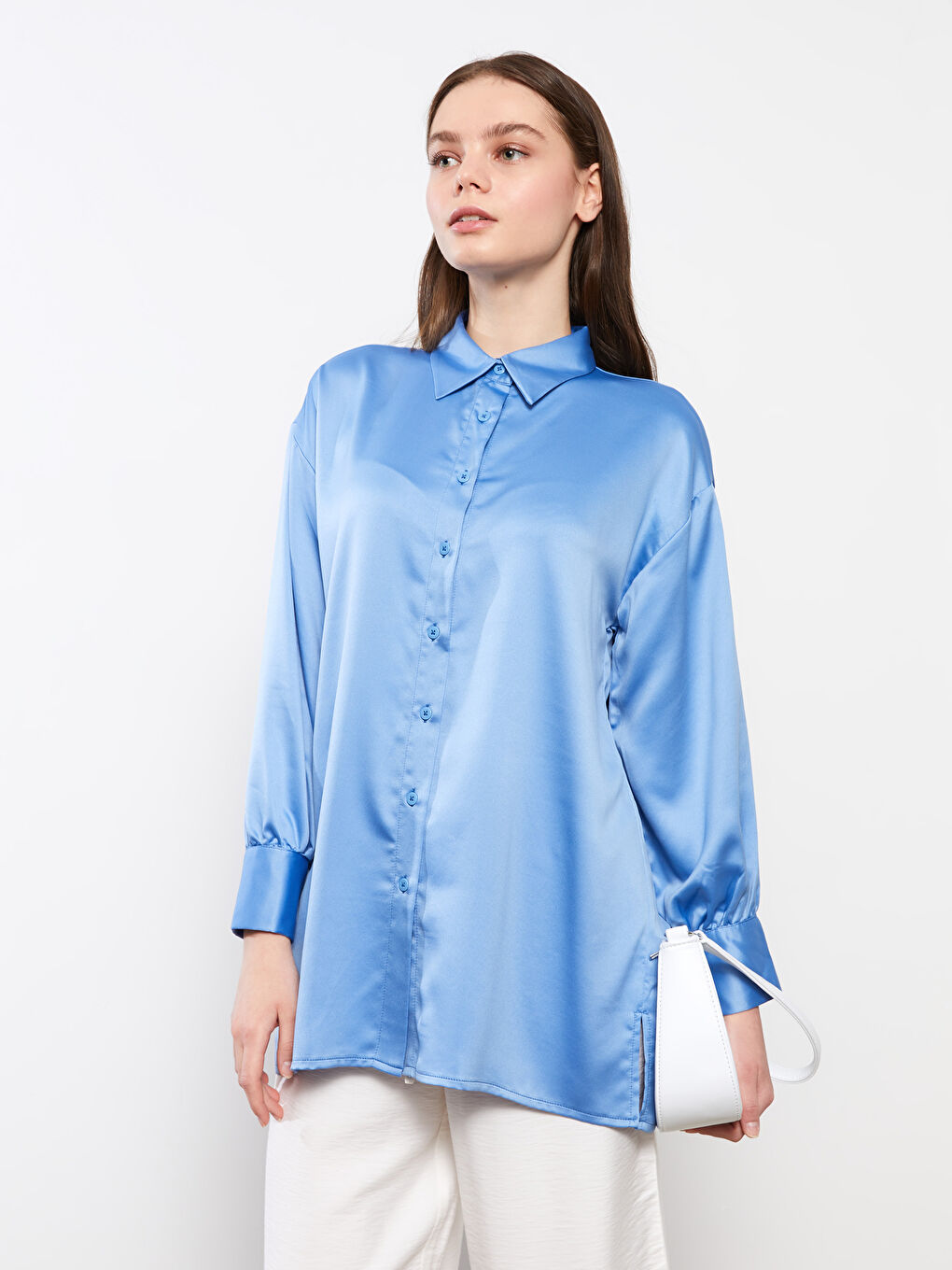 Plain Long Sleeve Satin Women's Shirt Tunic-2