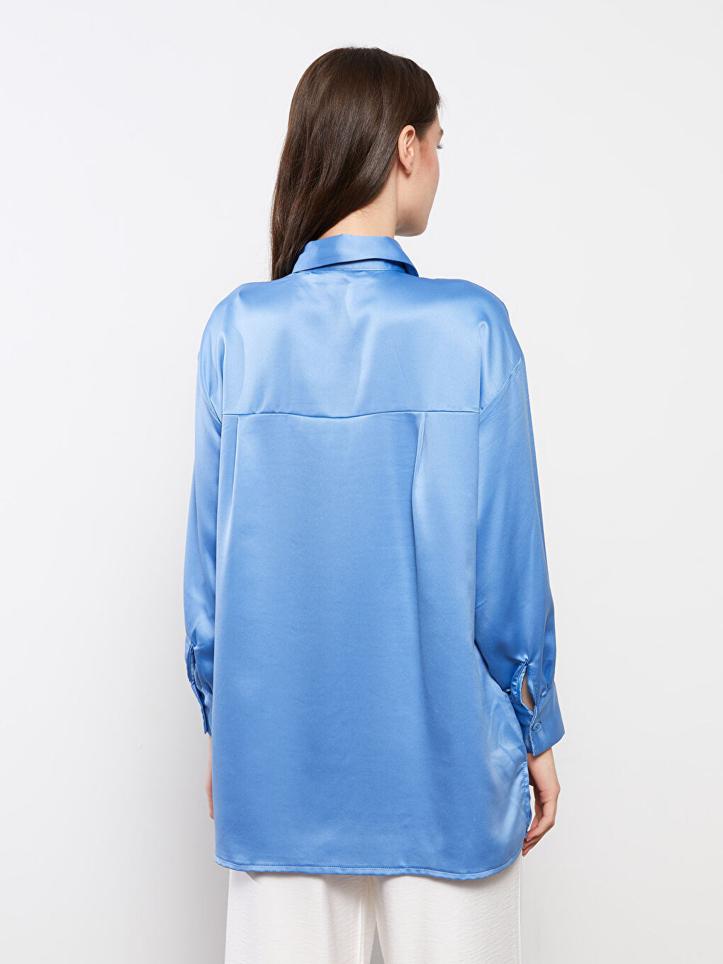 Plain Long Sleeve Satin Women's Shirt Tunic-4