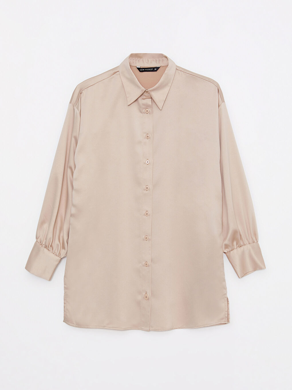 Bej Düz Uzun Kollu Saten Kadın Gömlek Tunik-5