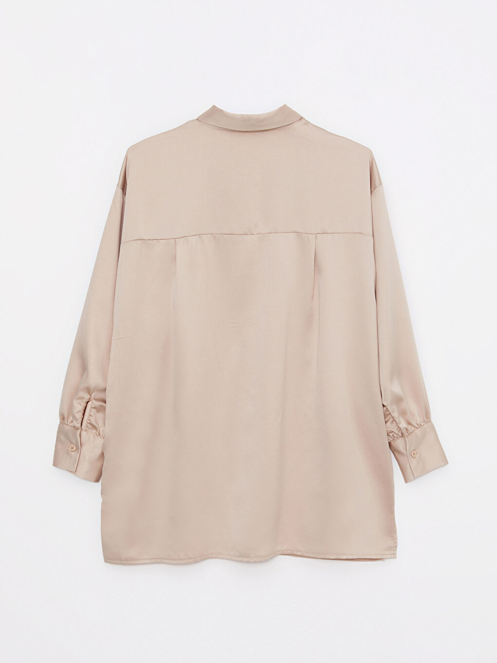 Bej Düz Uzun Kollu Saten Kadın Gömlek Tunik-6