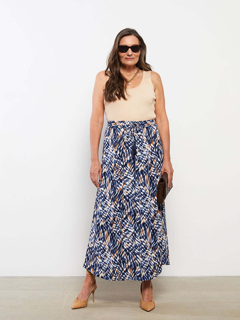 Mavi Beli Lastikli Desenli A Kesim Krinkle Kadın Etek-1