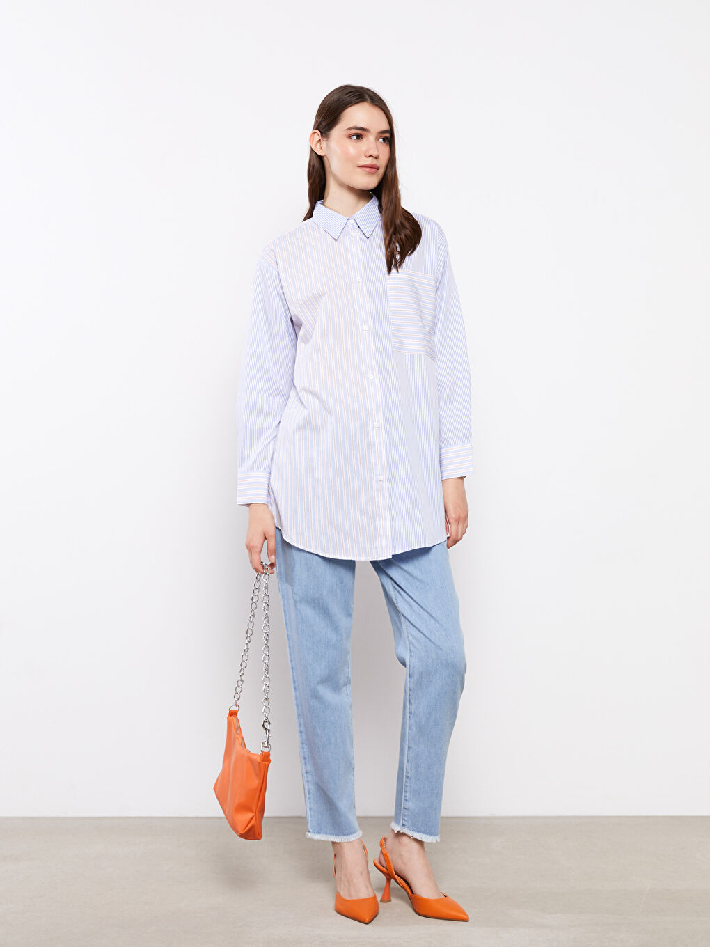 Mavi Çizgili Uzun Kollu Poplin Kadın Gömlek Tunik