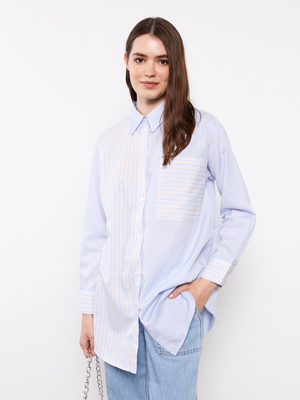 Mavi Çizgili Uzun Kollu Poplin Kadın Gömlek Tunik-1