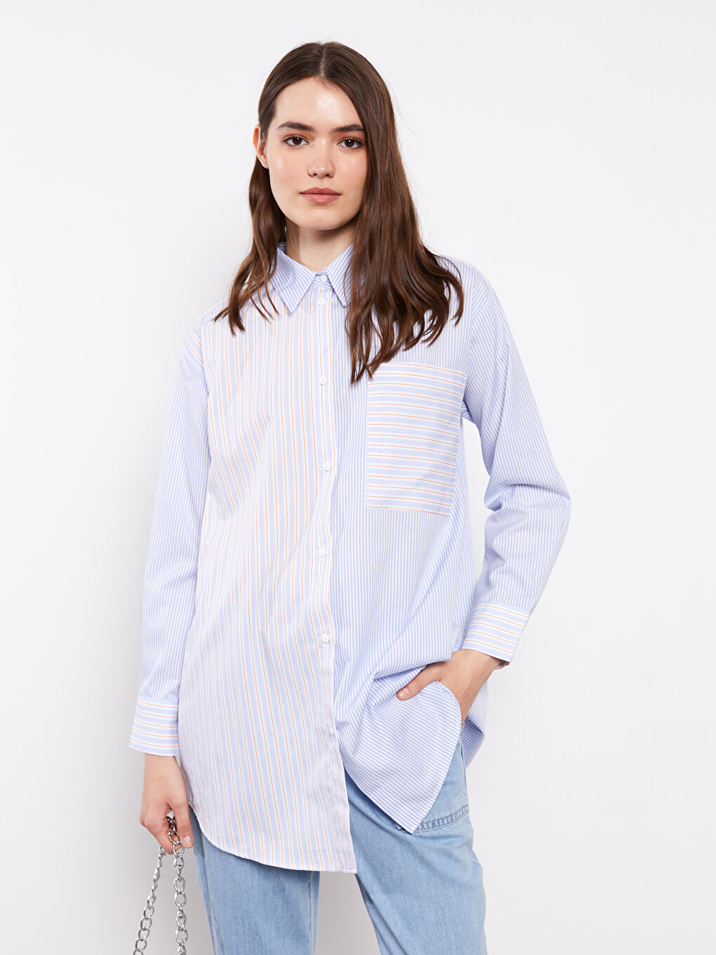 Mavi Çizgili Uzun Kollu Poplin Kadın Gömlek Tunik-2