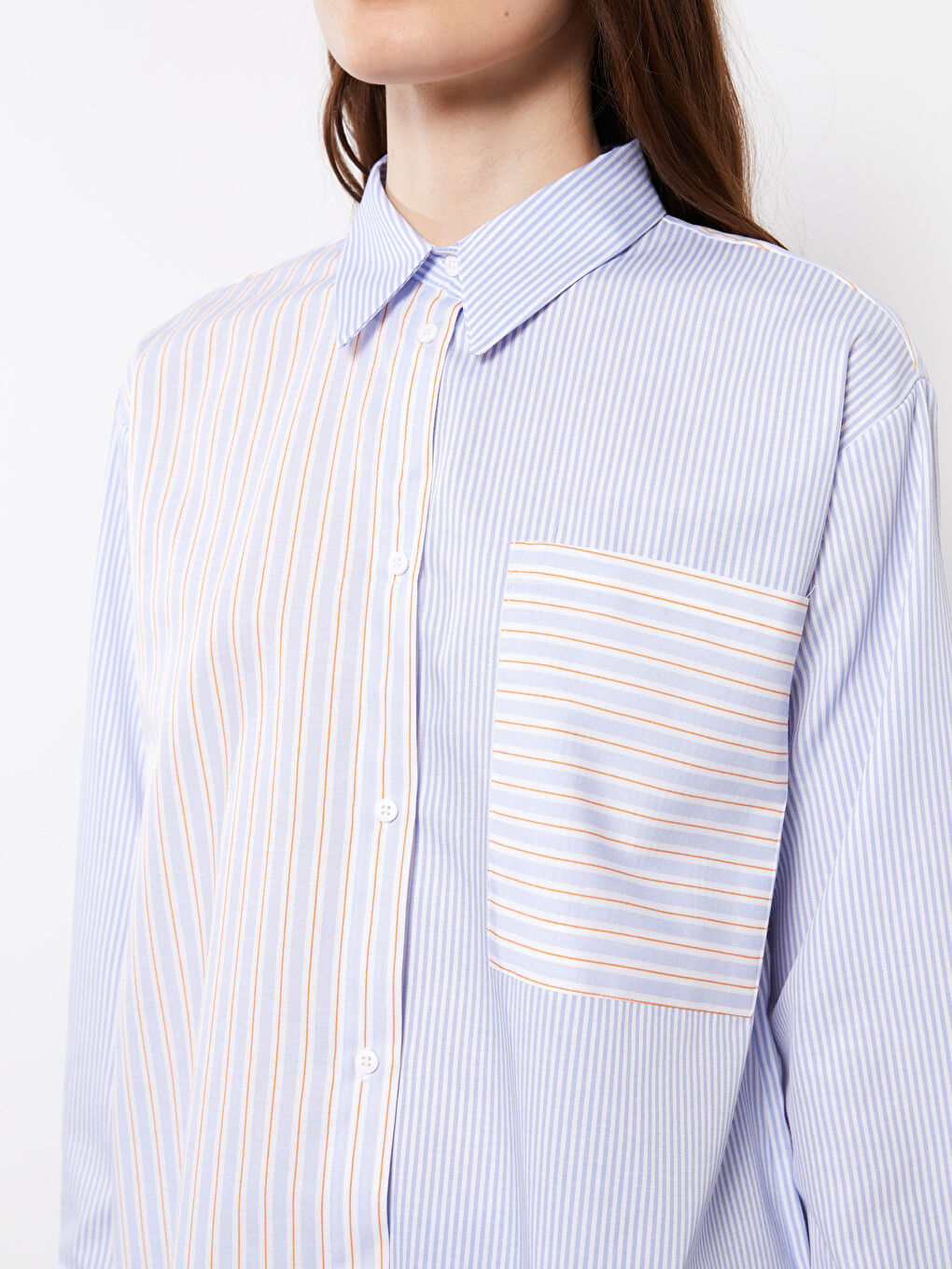 Mavi Çizgili Uzun Kollu Poplin Kadın Gömlek Tunik-3