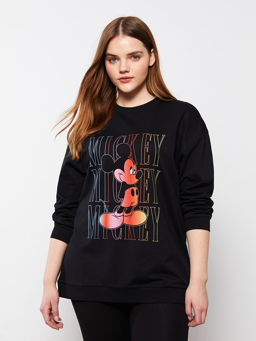 LC WAIKIKI Büyük Beden Bisiklet Yaka Mickey Mouse Baskılı Uzun