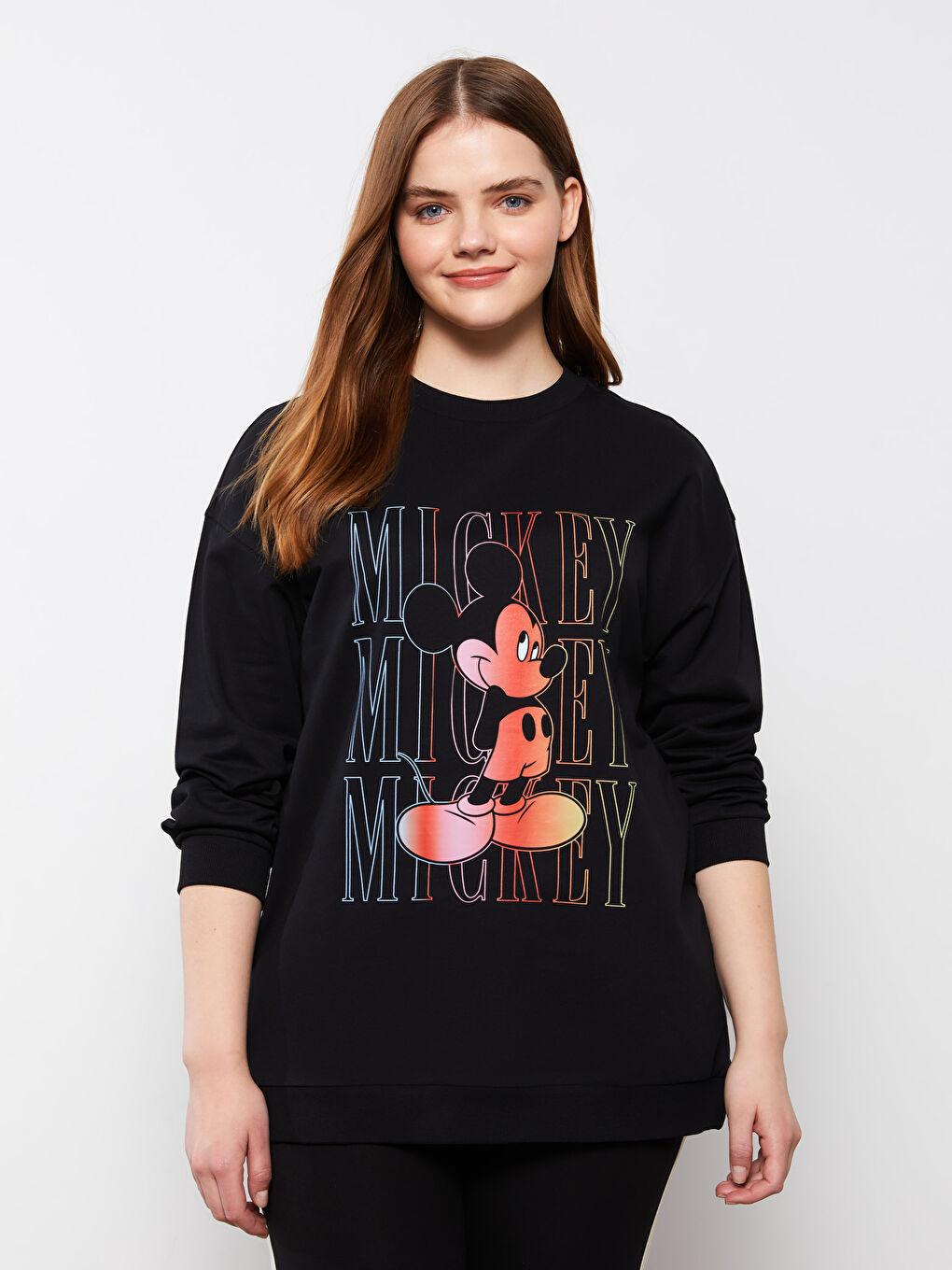 Siyah Büyük Beden Bisiklet Yaka Mickey Mouse Baskılı Uzun Kollu Kadın Sweatshirt-1