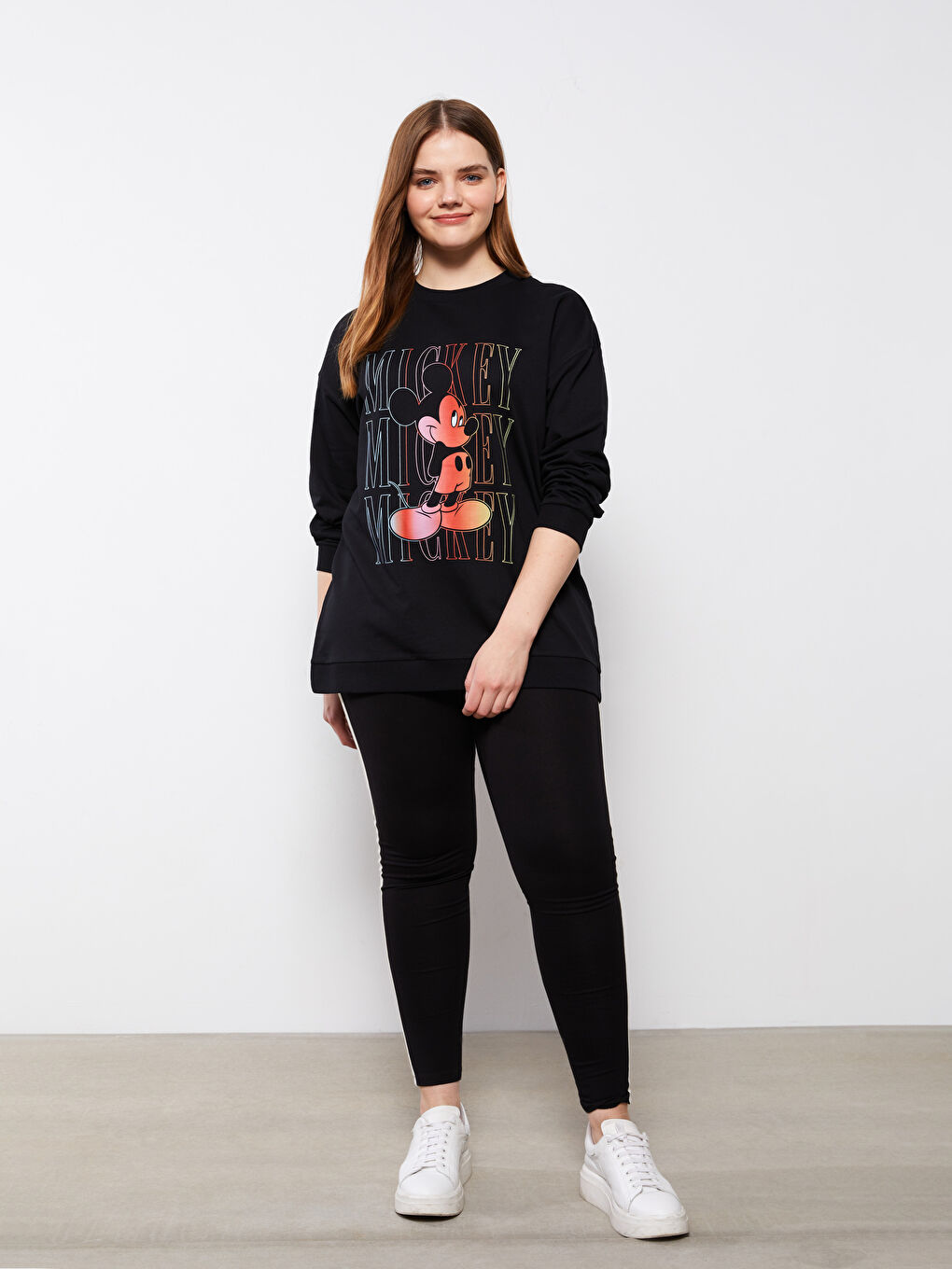 Siyah Büyük Beden Bisiklet Yaka Mickey Mouse Baskılı Uzun Kollu Kadın Sweatshirt-2