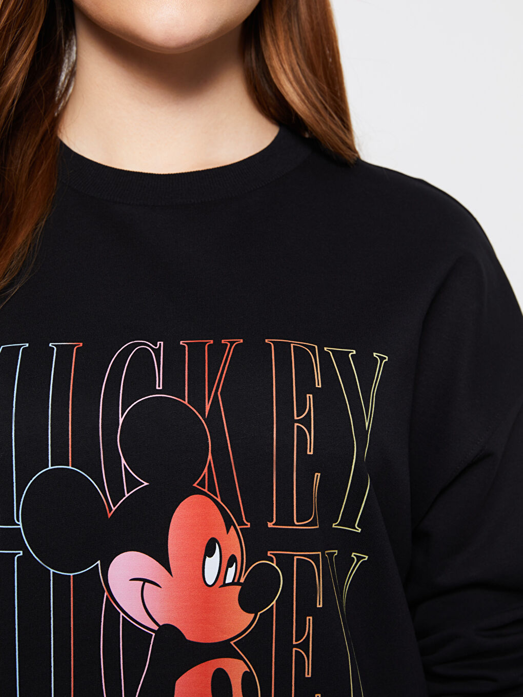 Siyah Büyük Beden Bisiklet Yaka Mickey Mouse Baskılı Uzun Kollu Kadın Sweatshirt-3