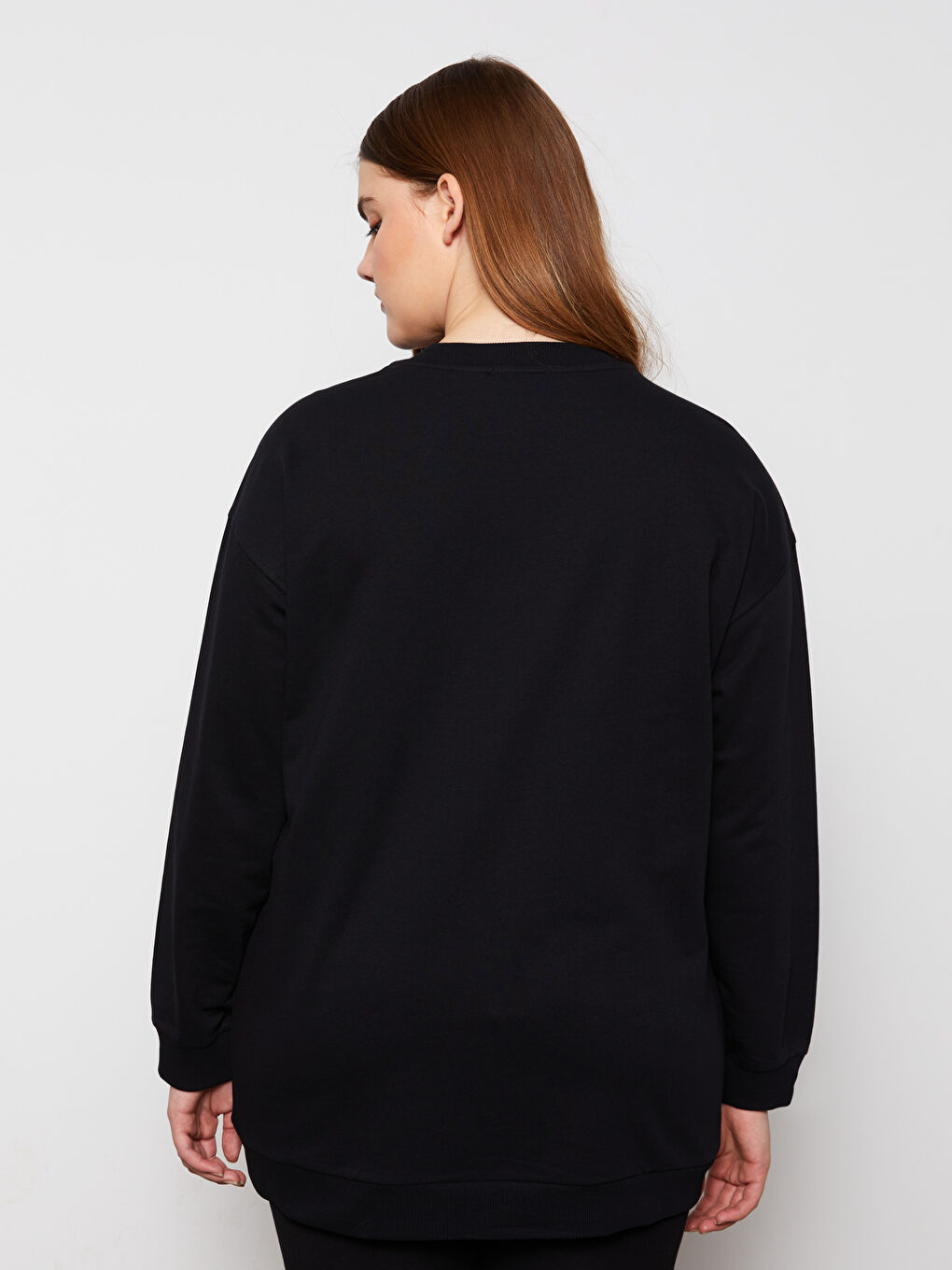 Siyah Büyük Beden Bisiklet Yaka Mickey Mouse Baskılı Uzun Kollu Kadın Sweatshirt-4