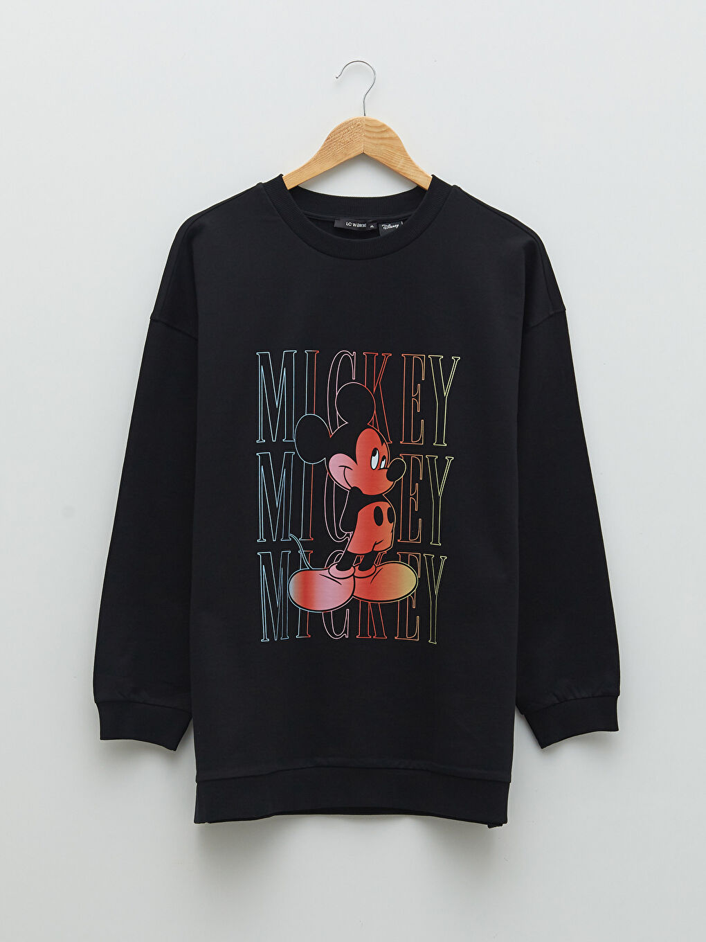 Siyah Büyük Beden Bisiklet Yaka Mickey Mouse Baskılı Uzun Kollu Kadın Sweatshirt-5