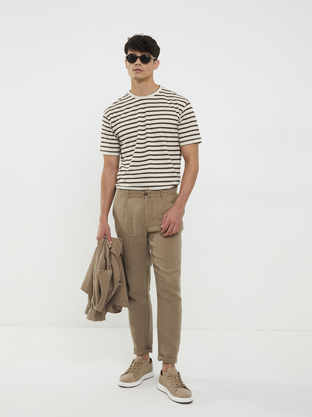 Kahverengi Bisiklet Yaka Kısa Kollu Çizgili Penye Erkek Tişört