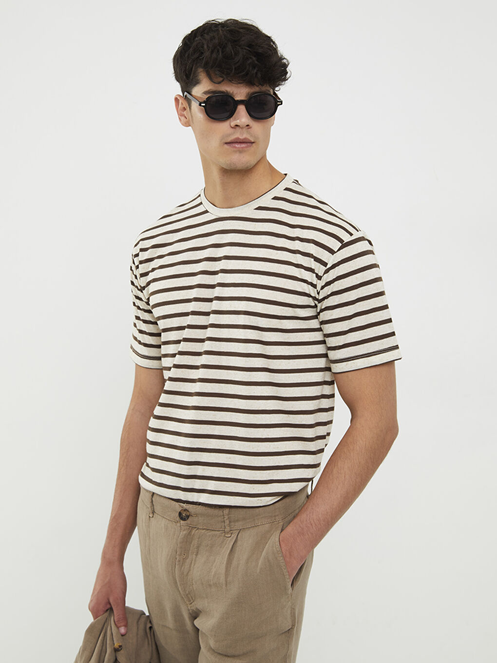 Kahverengi Bisiklet Yaka Kısa Kollu Çizgili Penye Erkek Tişört-1
