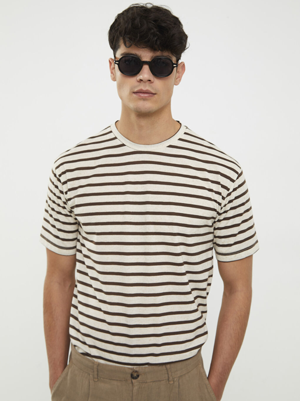 Kahverengi Bisiklet Yaka Kısa Kollu Çizgili Penye Erkek Tişört-2