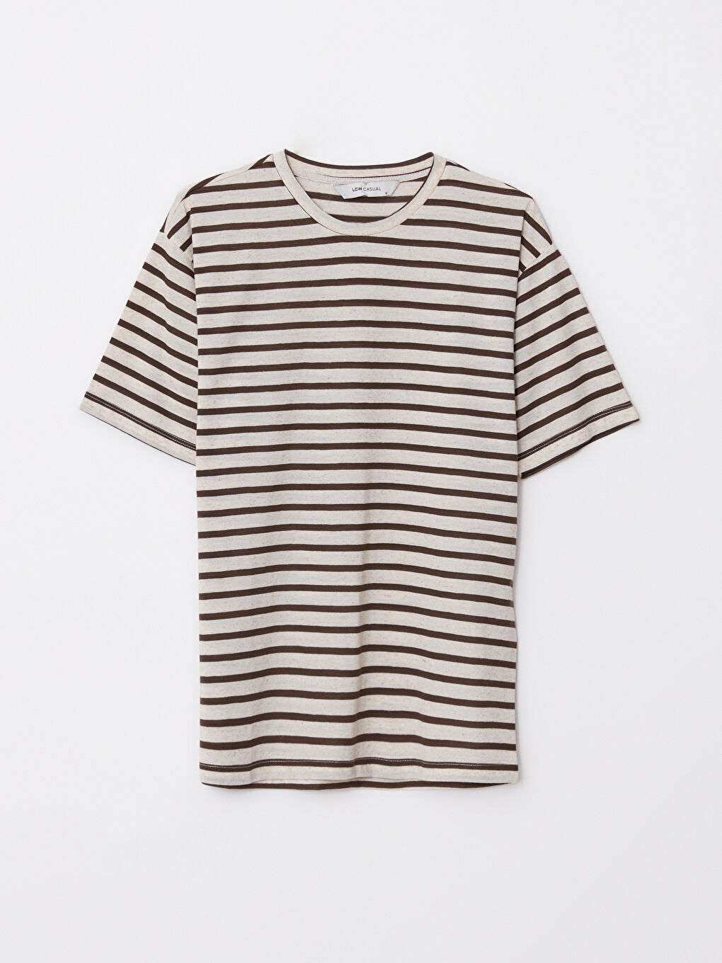Kahverengi Bisiklet Yaka Kısa Kollu Çizgili Penye Erkek Tişört-5