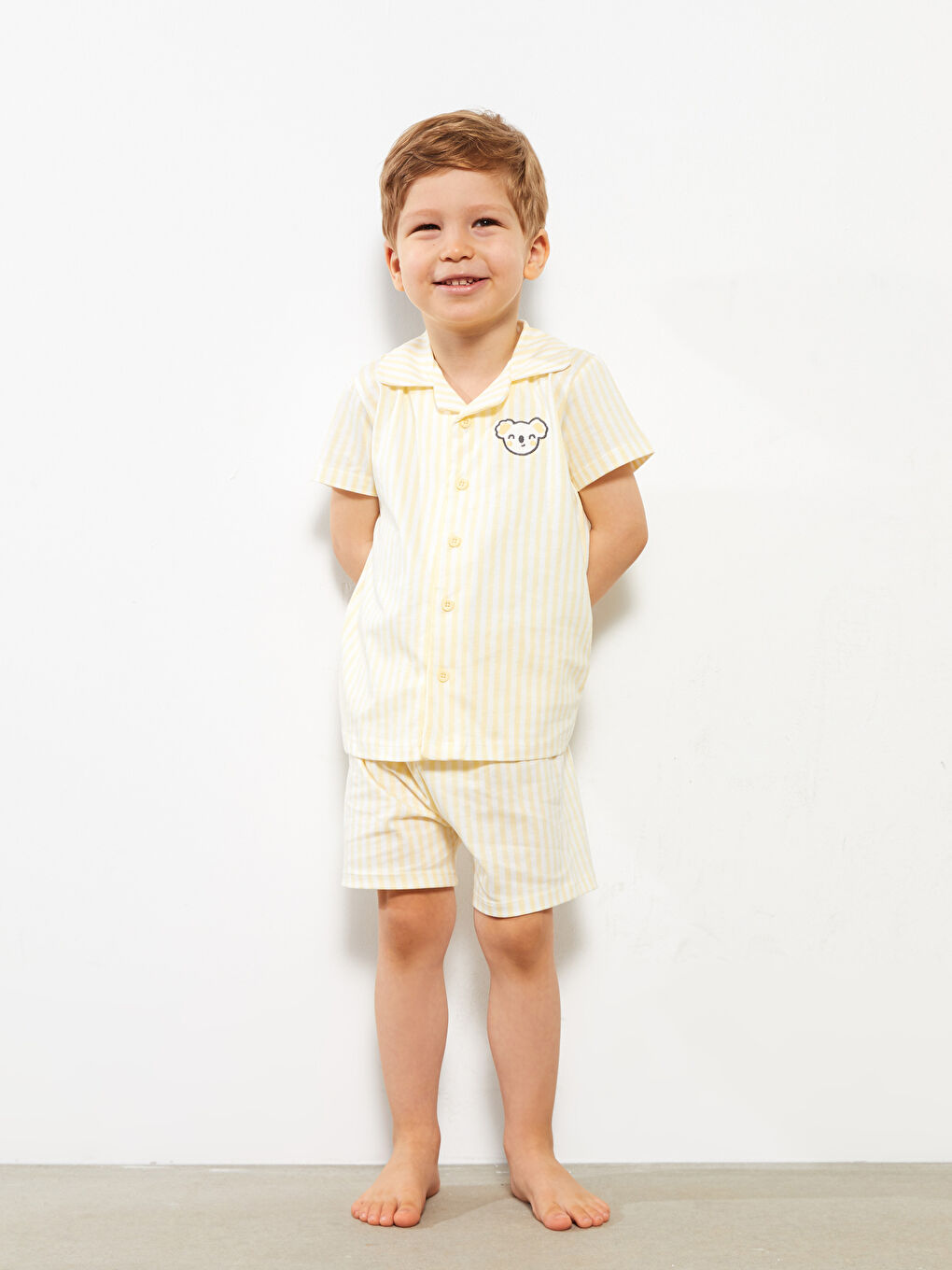 Sarı Polo Yaka Kısa Kollu Nakış Detaylı Erkek Bebek Pijama Takımı-5