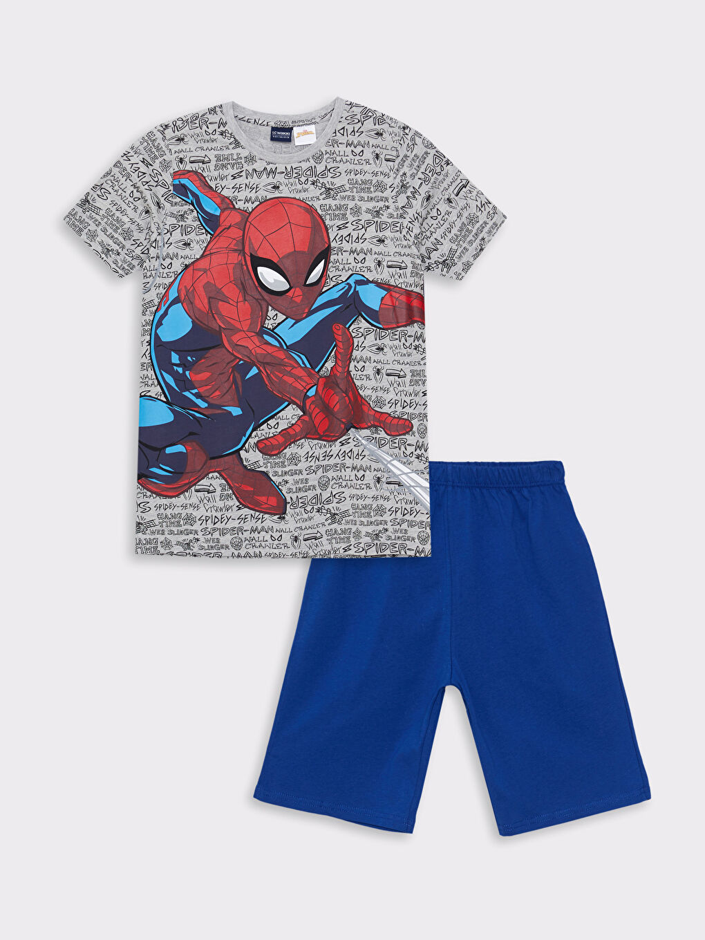 Gri Bisiklet Yaka Spider-Man Baskılı Kısa Kollu Erkek Çocuk Şortlu Pijama Takımı