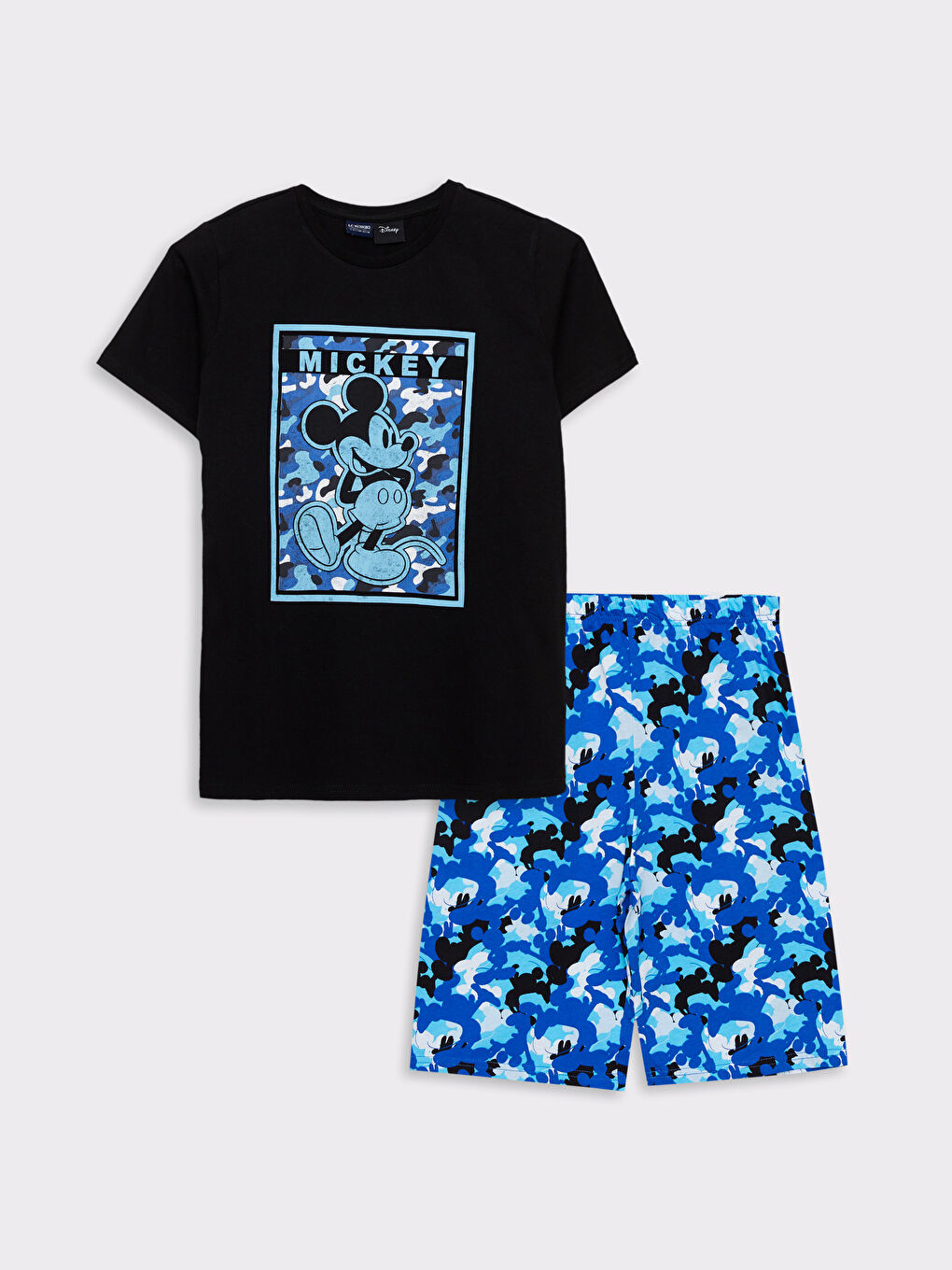 Siyah Bisiklet Yaka Mickey Mouse Baskılı Kısa Kollu Erkek Çocuk Şortlu Pijama Takımı