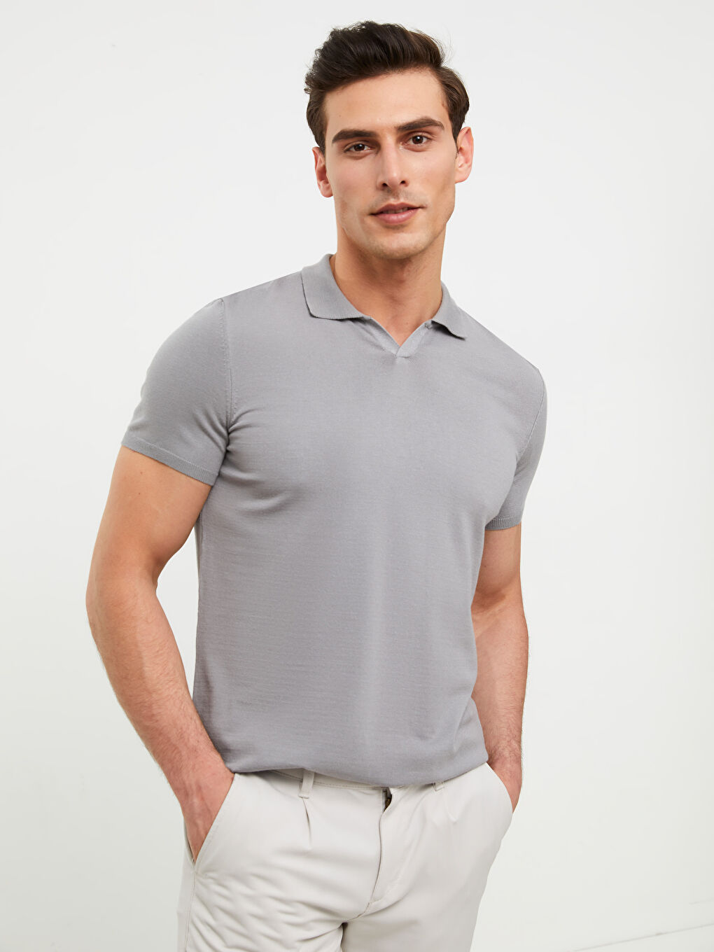 Gri Polo Yaka Kısa Kollu Erkek Triko Kazak