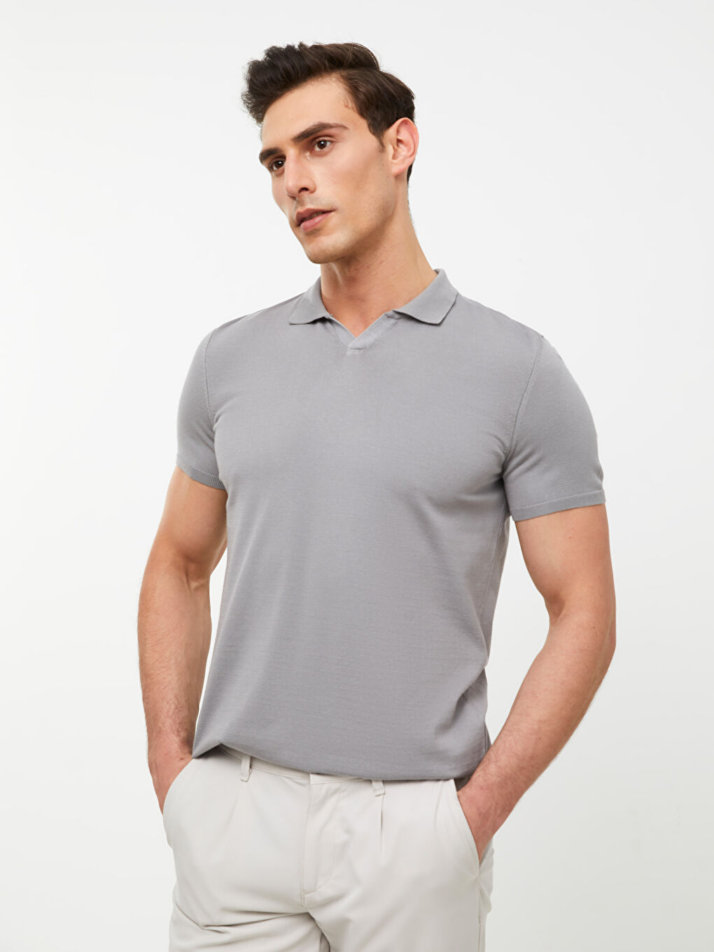 Gri Polo Yaka Kısa Kollu Erkek Triko Kazak-1