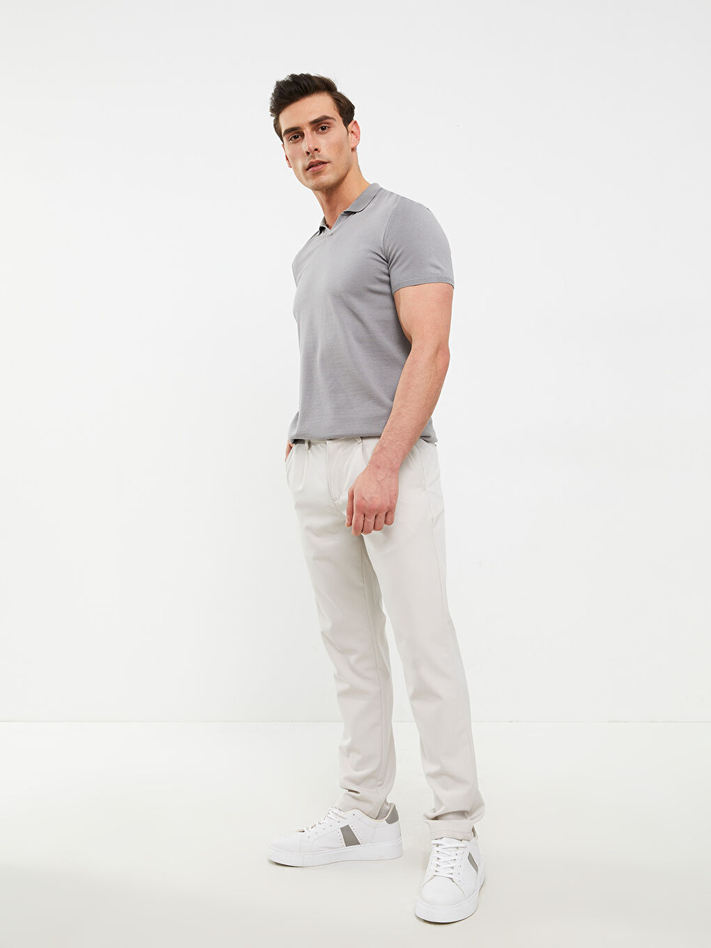 Gri Polo Yaka Kısa Kollu Erkek Triko Kazak-2