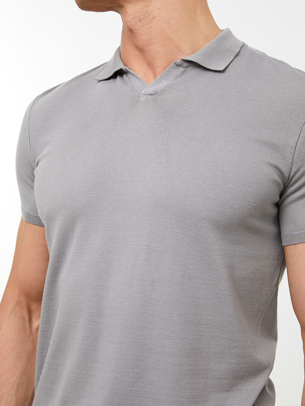 Gri Polo Yaka Kısa Kollu Erkek Triko Kazak-3