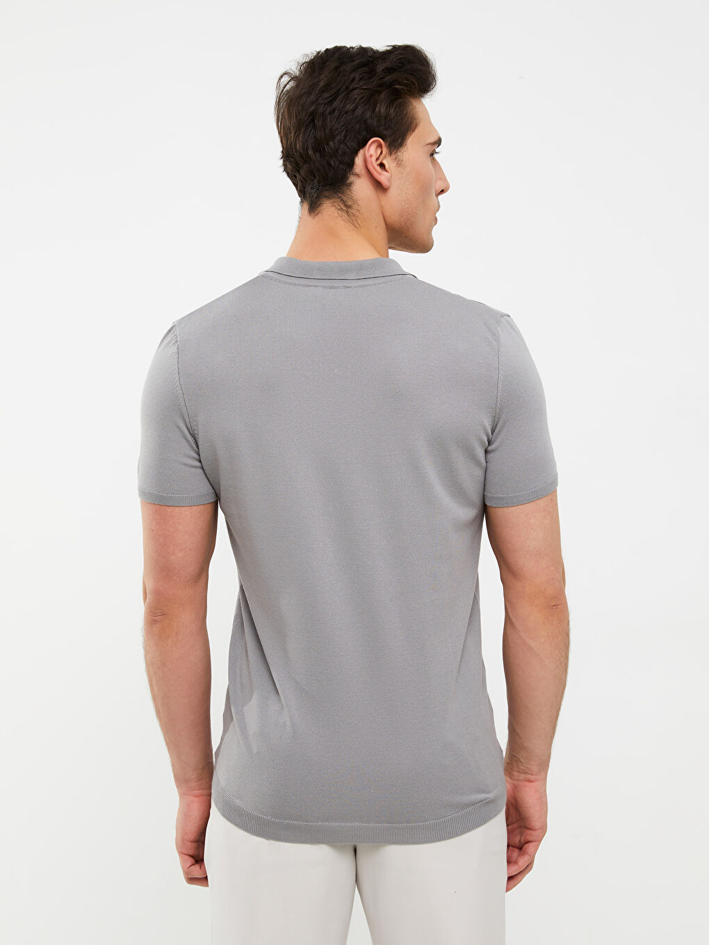 Gri Polo Yaka Kısa Kollu Erkek Triko Kazak-4