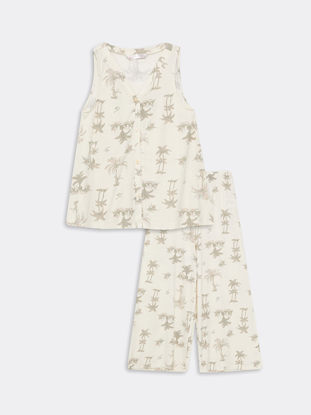 Bej V Yaka Desenli Kadın Pijama Takımı-6