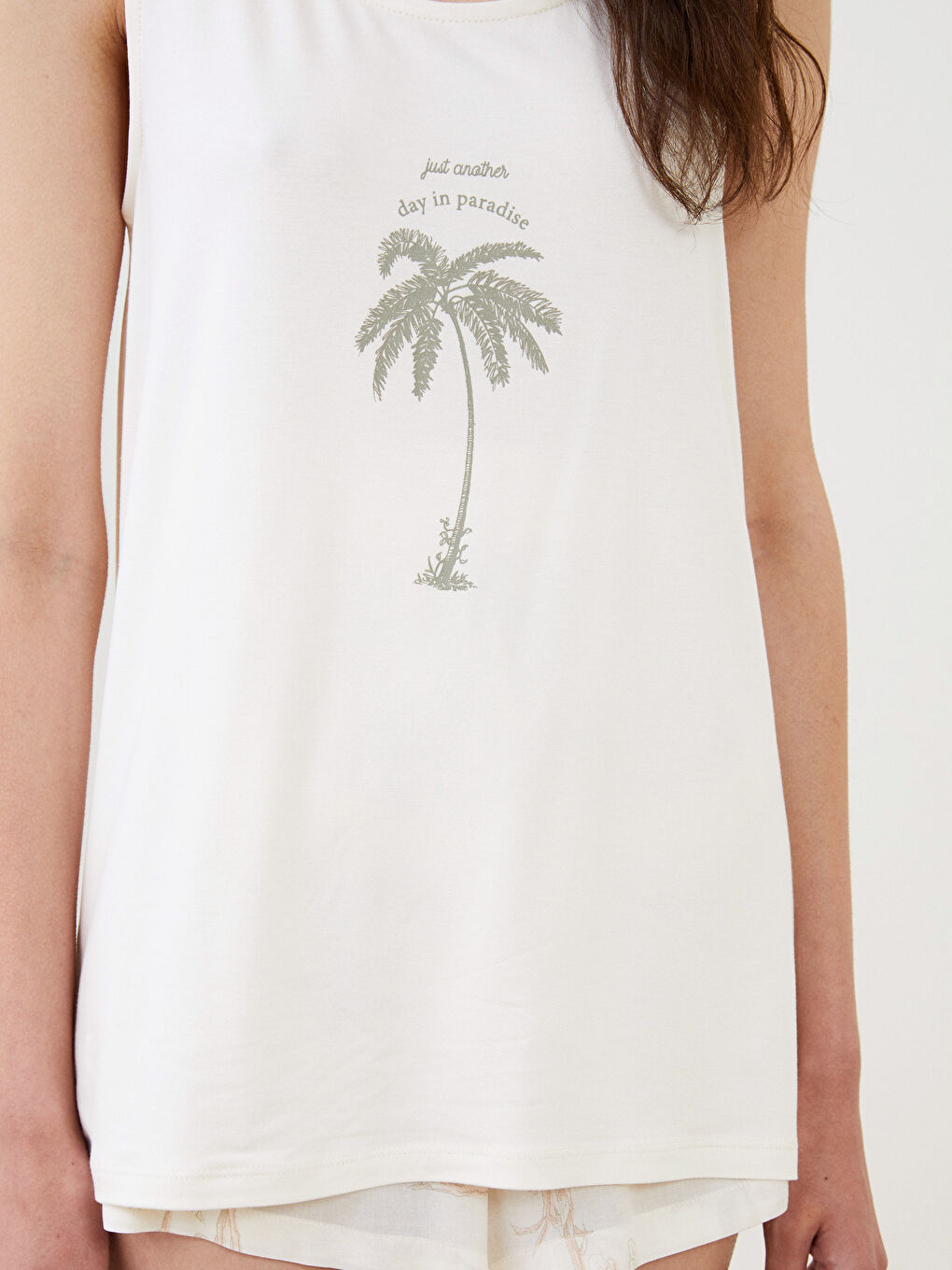 Bej U Yaka Baskılı Kolsuz Viskon Kadın Pijama Takımı-2