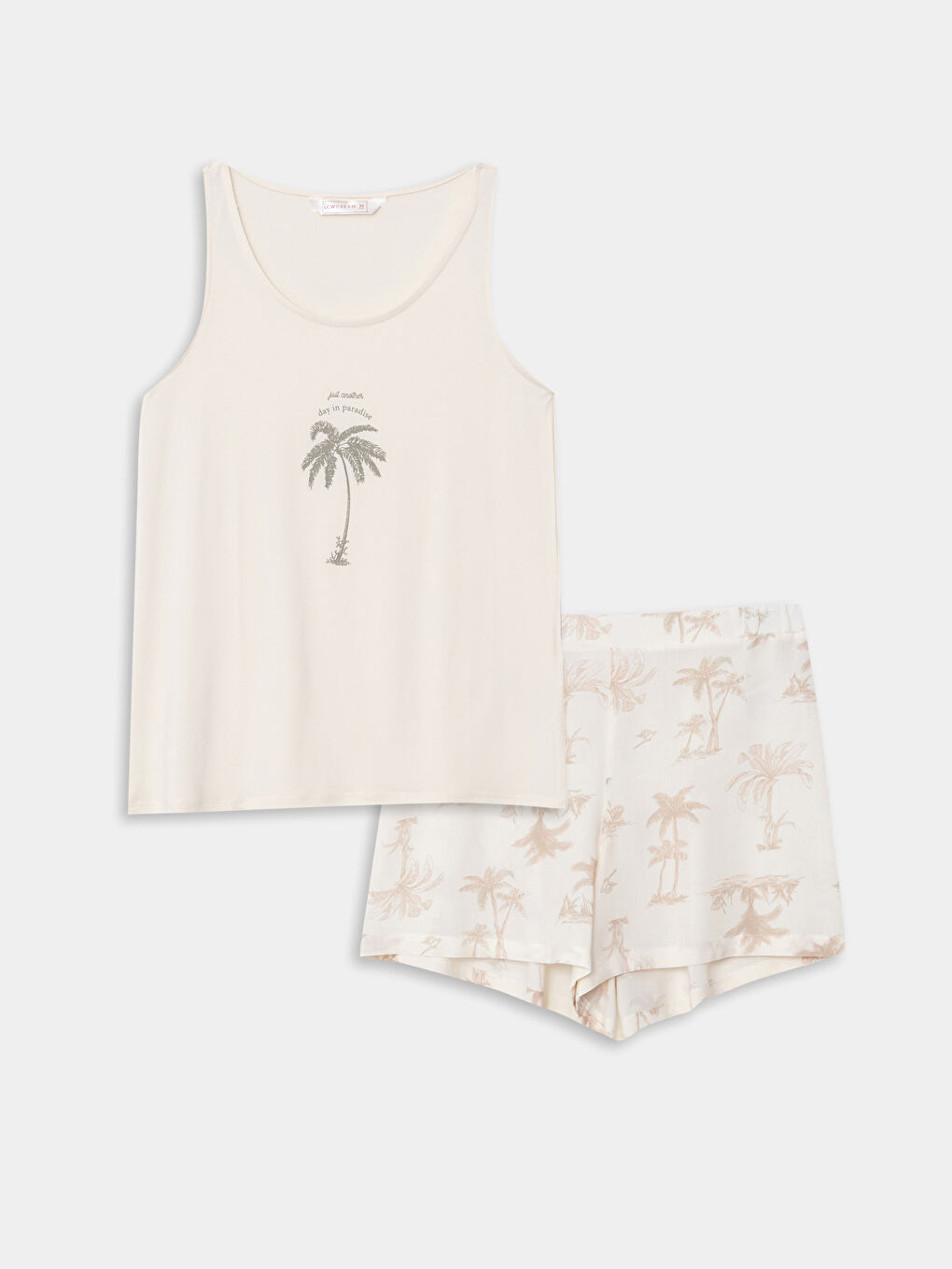 Bej U Yaka Baskılı Kolsuz Viskon Kadın Pijama Takımı-4