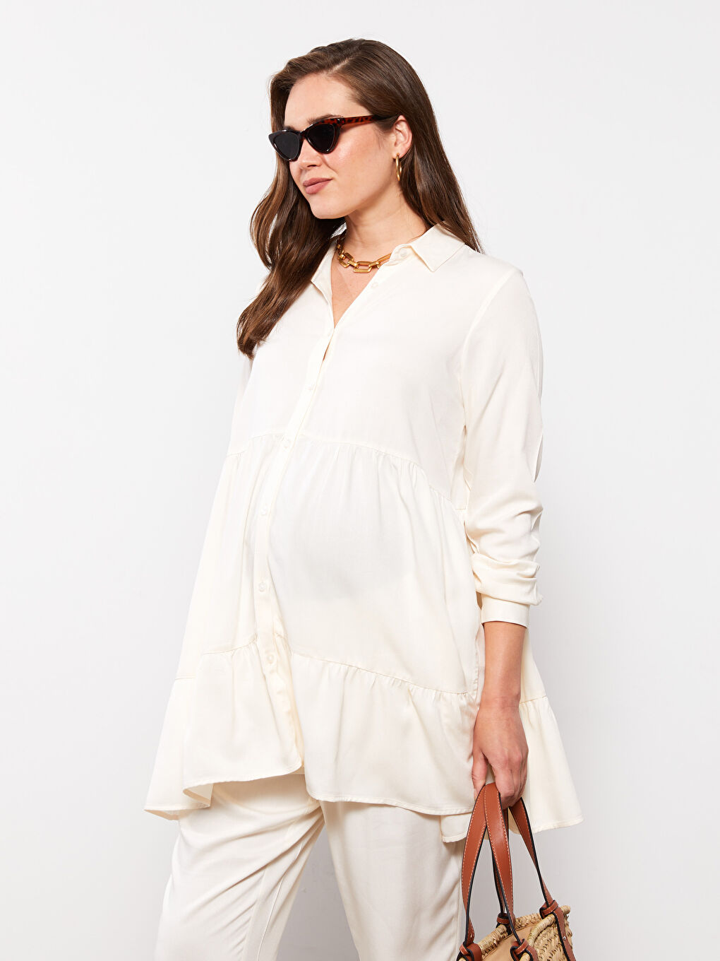 Ekru Düz Uzun Kollu Viskon Hamile Gömlek Tunik