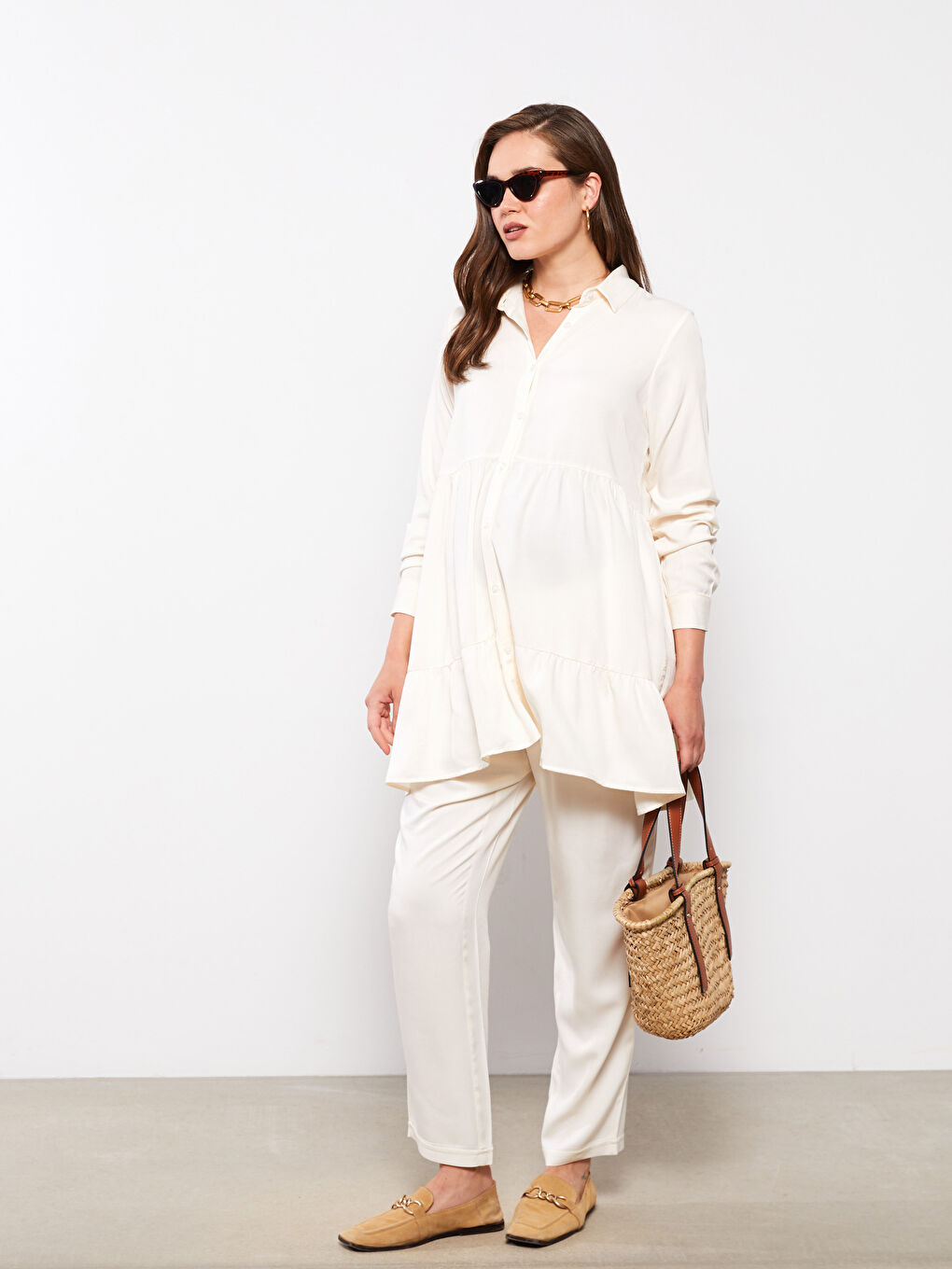 Ekru Düz Uzun Kollu Viskon Hamile Gömlek Tunik-1